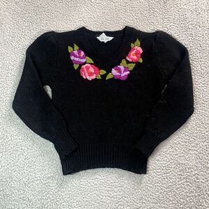 Vintage EV LTD Sweater Women's Floral Knite Embroidery Black 70s 80s Medium